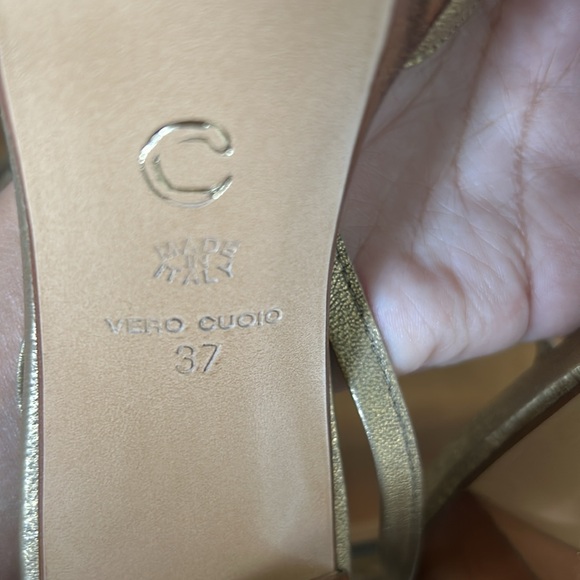 Lace up gold sandals with beaded flower and wood heels. - Picture 5 of 8